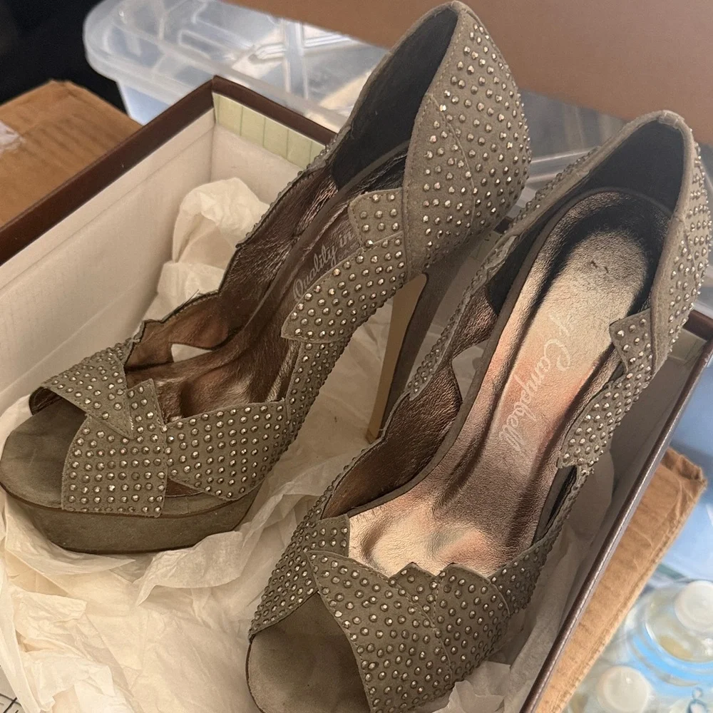 Jeffrey Campbell Turner Studded Peep-Toe Heels in‎ Taupe